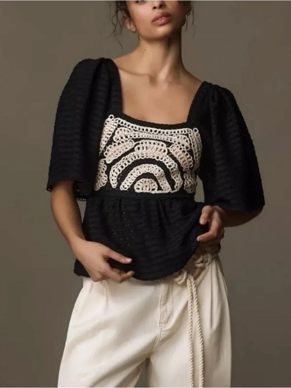 Anthropologie | Sarah Hann Black Peasant Top with White Crochet Panel